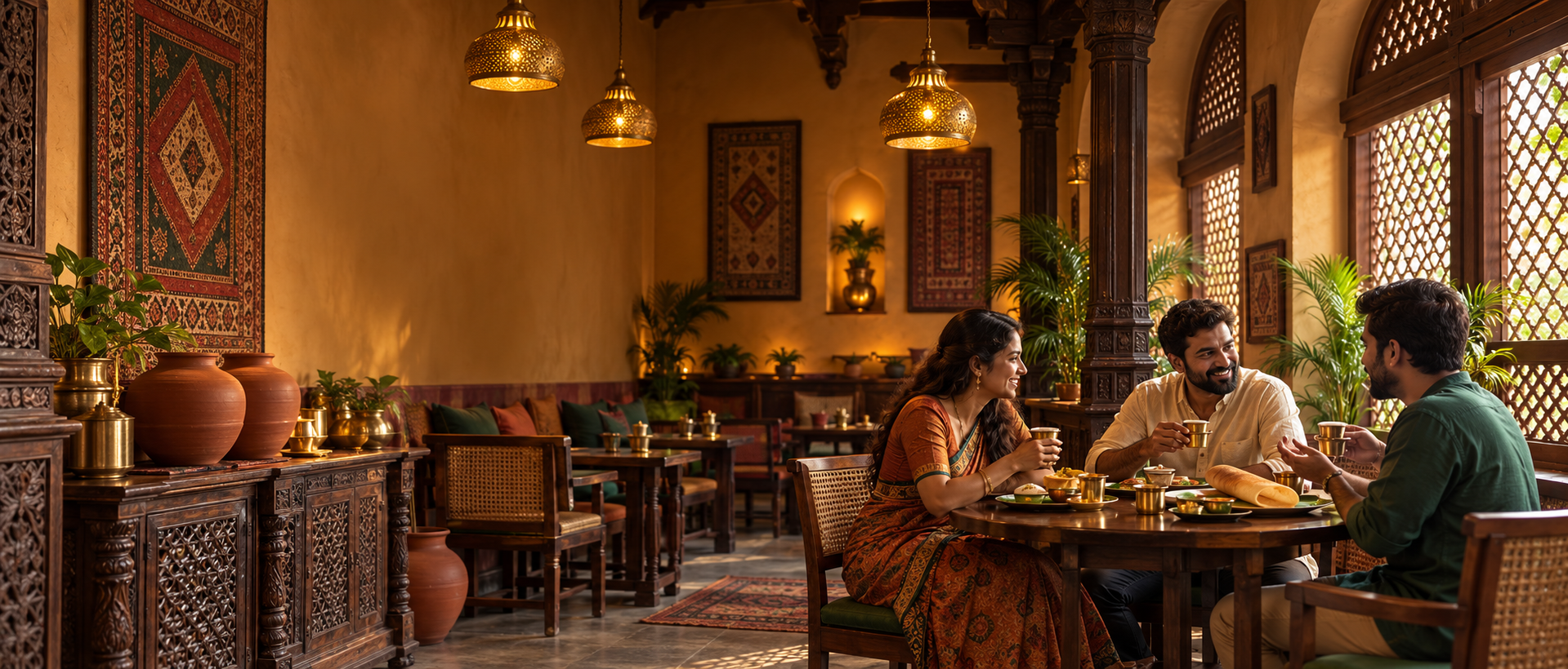 Heritage Bengaluru coffee café with brass pendant lamps and guests sharing tiffin