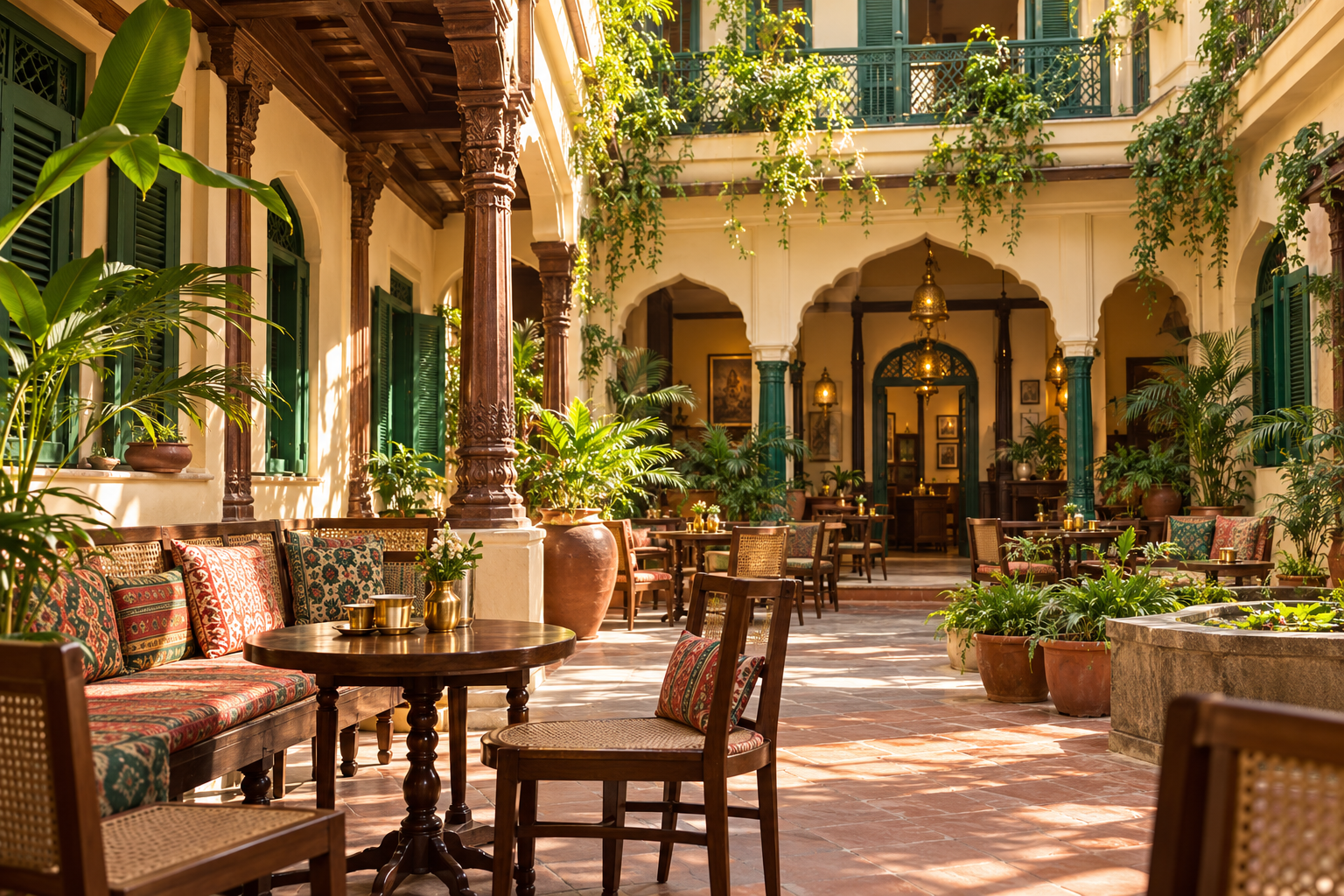Heritage café courtyard with carved wooden pillars, greenery and terracotta tiles