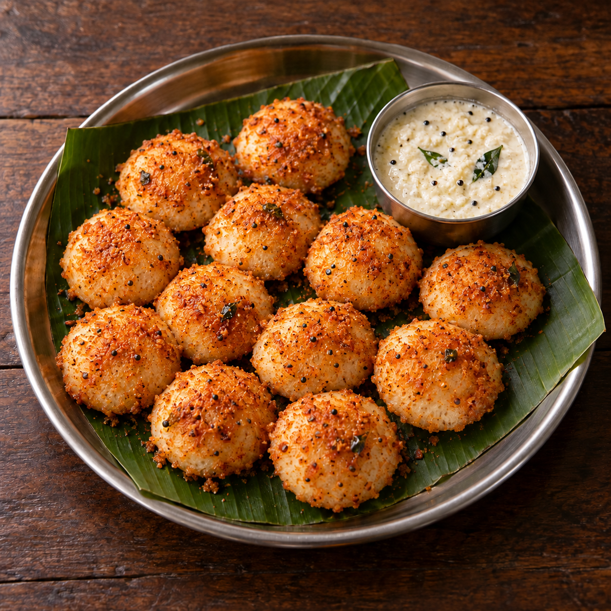 Ghee Button Podi Idli: Mini idlis tossed in ghee and podi.