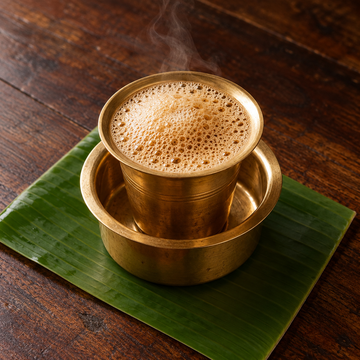 South Indian filter coffee in a brass tumbler and dabara