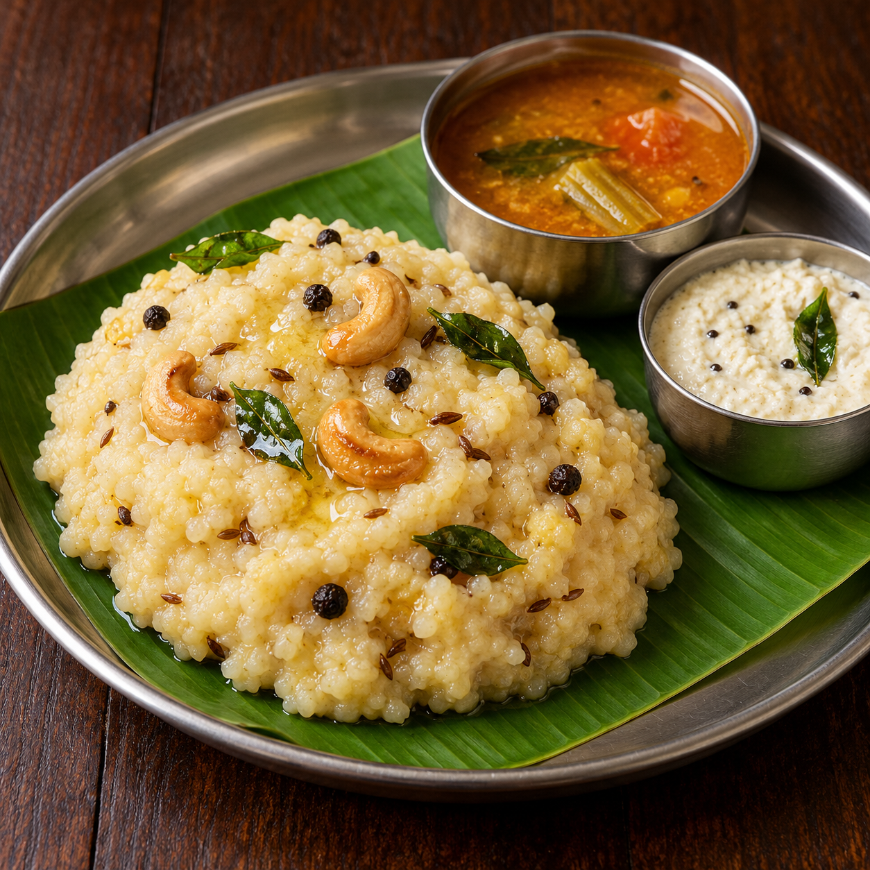 Ghee Pongal: Soft savoury pongal with pepper and cashews.