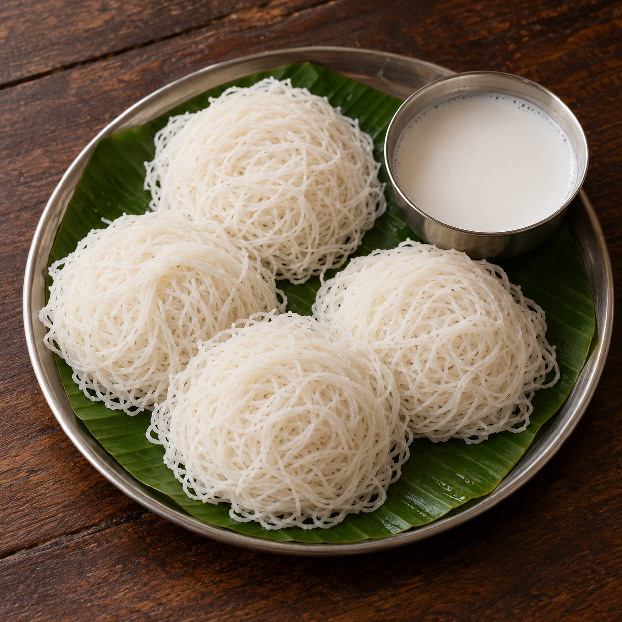 Idiyappam (4) & Coconut Milk: Four delicate rice-noodle nests with coconut milk.