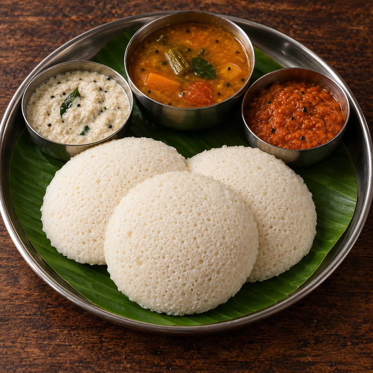 Idli with sambar and chutney