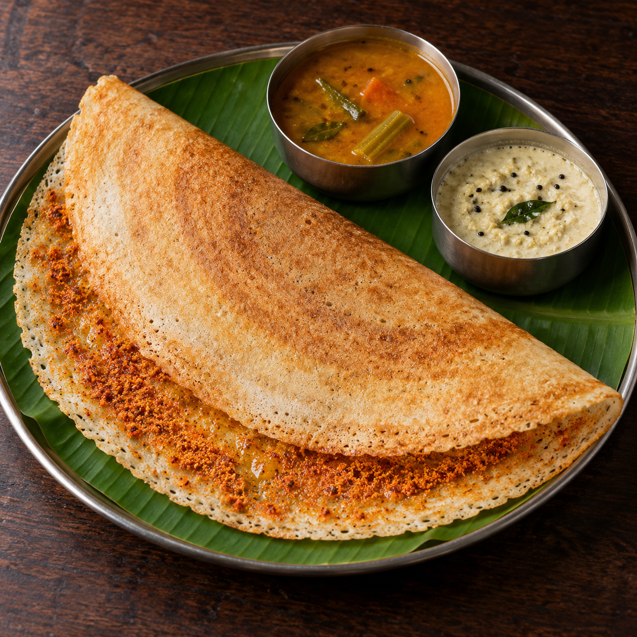 Podi Dosa: Golden dosa with a savoury podi coating.