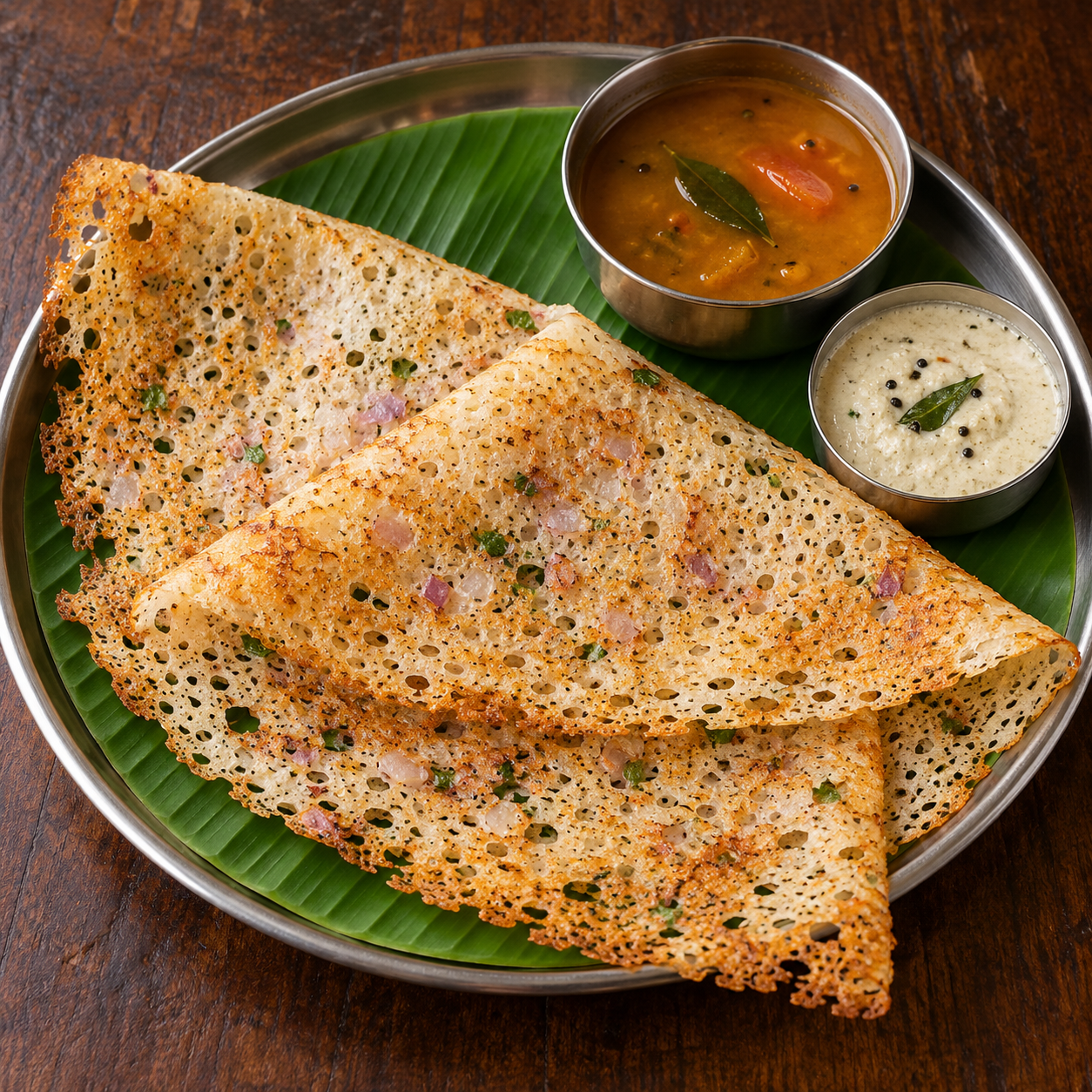 Rava Onion Dosa: Lacy rava dosa dotted with onion.