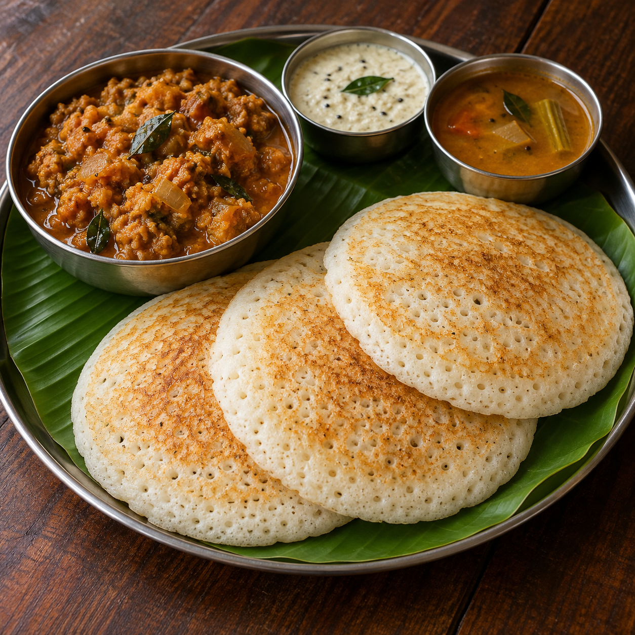 Set Dosa (3) & Vadacurry: Three soft dosas with a bowl of vadacurry.