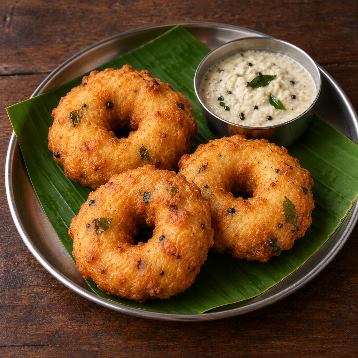 Three uddina vadas with coconut chutney